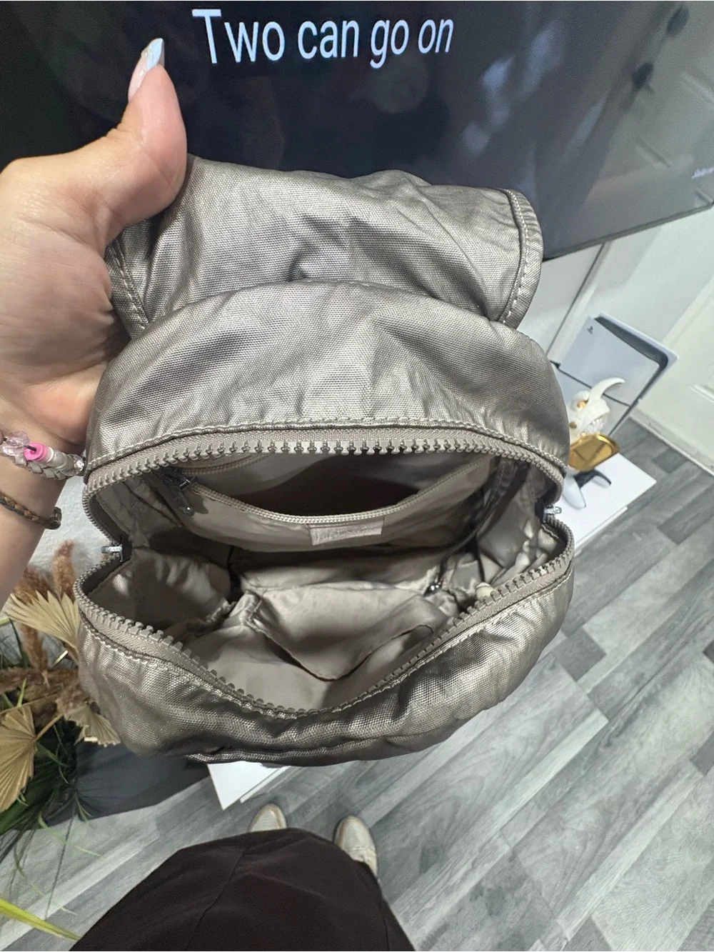 Kipling Metallic Silver Nylon Backpack with Monkey Charm
